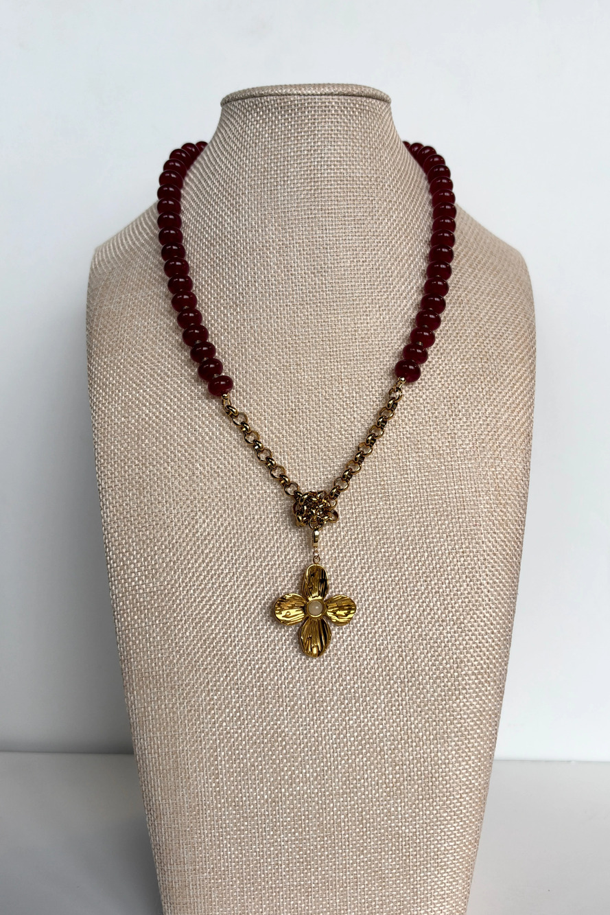 Carmina – Red Jade Necklace with Removable Flower Pendant 18in - Picture 5 of 8
